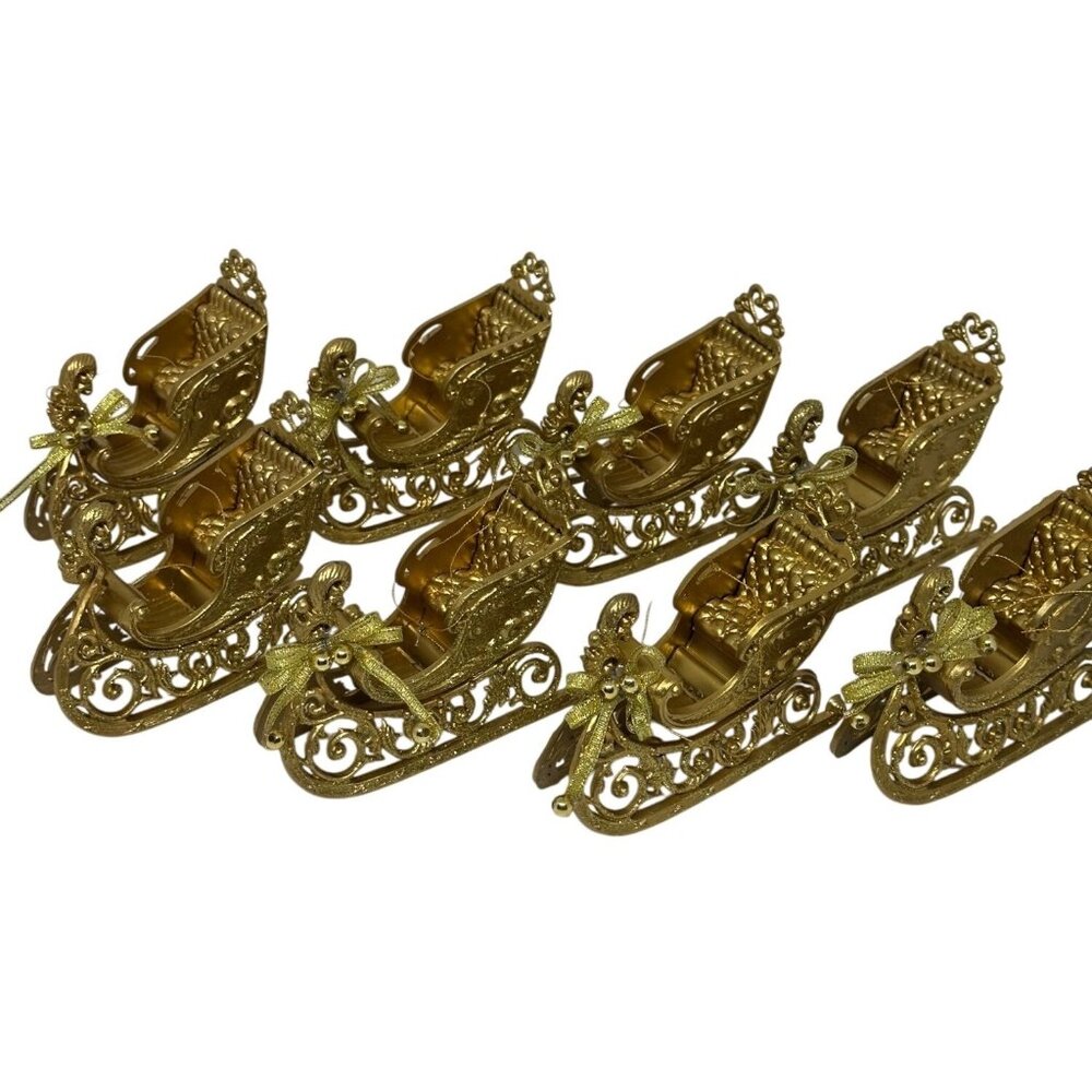 Set of 8 Gold Sleigh Christmas Ornaments Glitter Bow Horse Sled Holiday Decor